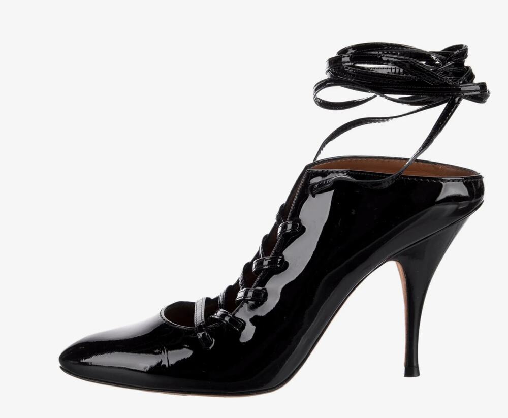Givenchy Black Patent Leather Lace Up Mule Heels  size 38  US 7 authentic